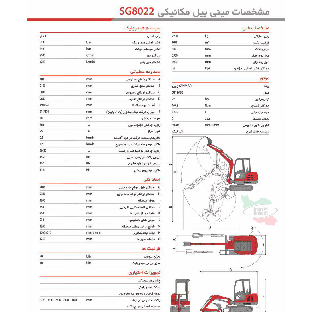 مشخصات فنی مینی بیل مکانیکی فوریوز Foruse SG0822